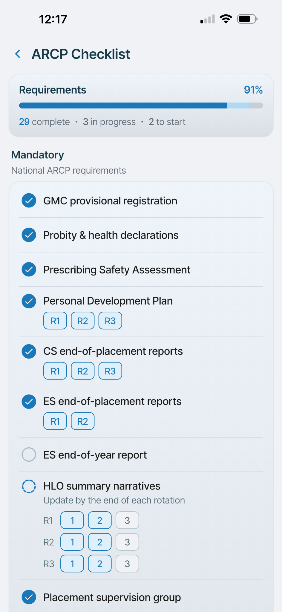DocMate ARCP checklist screen
