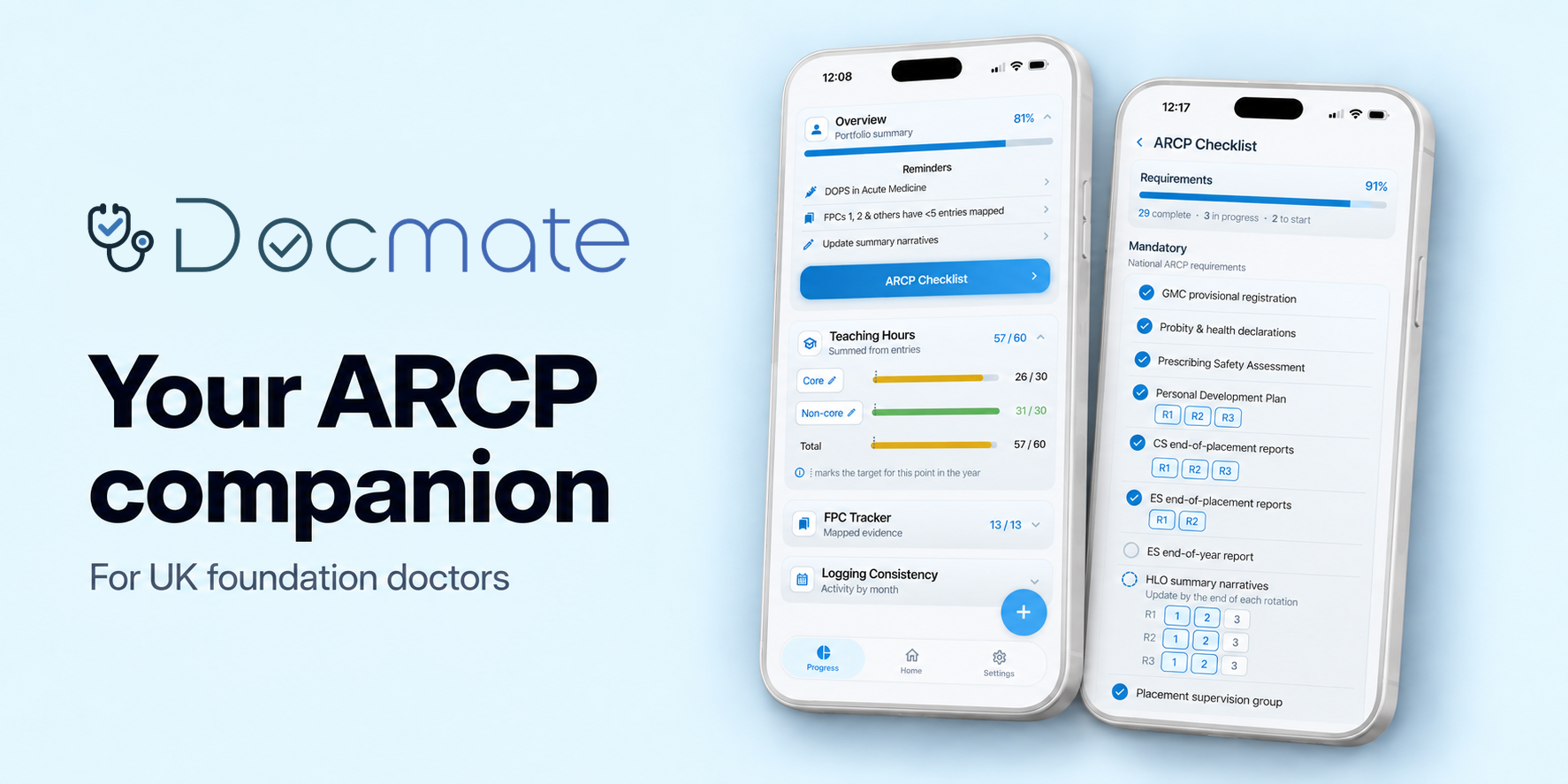 DocMate ARCP portfolio tracker on iPhone